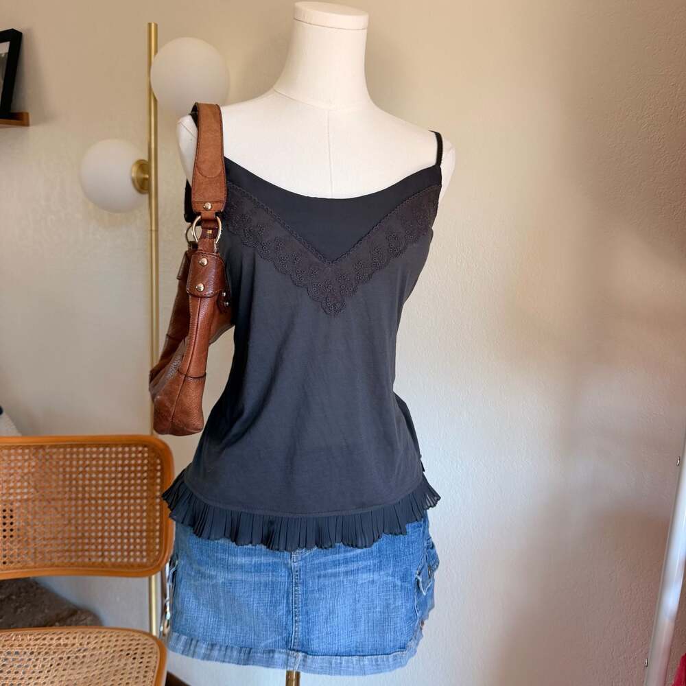 American Eagle Outfitters Dark Grey Spaghetti Strap Cami with Lace Trim & Pleate